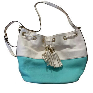 White Teal Crossbody Tote Bag Charming Charlies Drawstring Purse Flaws